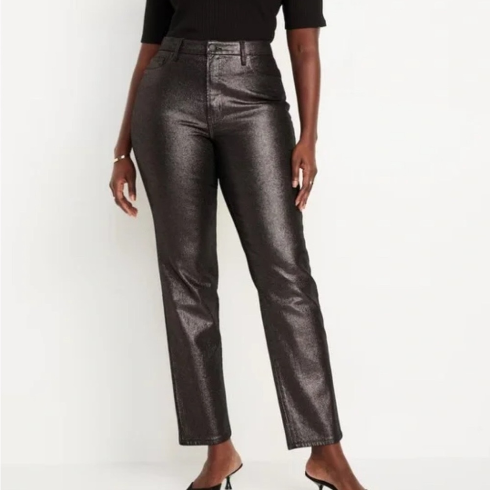 Old Navy OG Straight Black Shine Coated Jeans Size 18 NWT